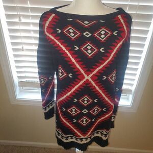 Lauren Ralph Lauren Black Southwestern Navajo Design 100% Cotton Tunic Sweater -